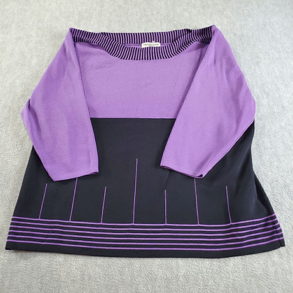 Notations Sweater Womens 2X Purple Black Knit 3/4 Sleeve Boat Neck Pullover